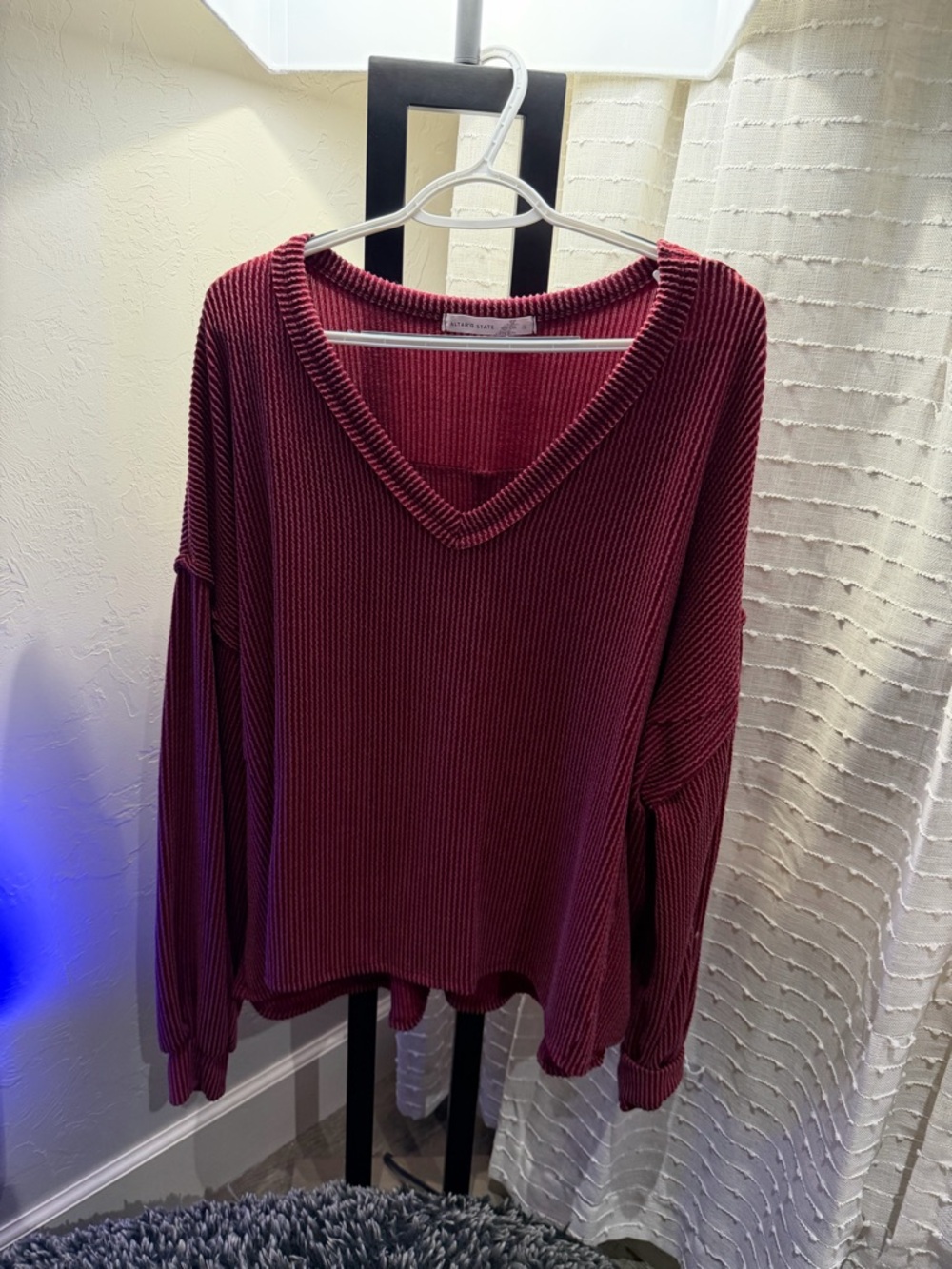 Altar'd State Ribbed V-Neck Sweater Top in Deep Berry Red